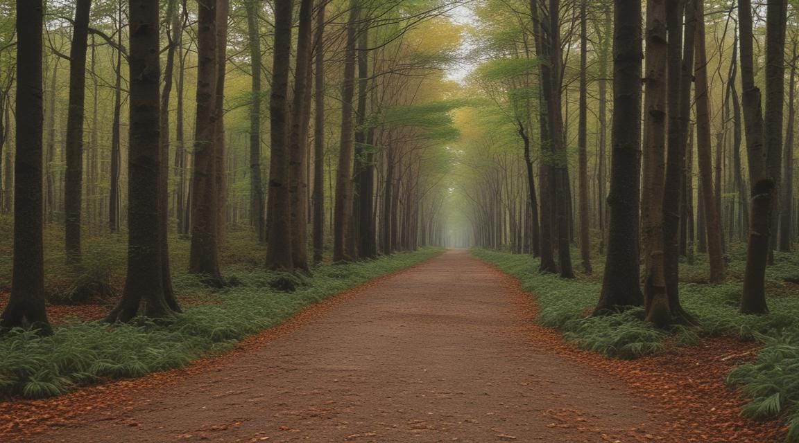 Picture of a forest, with a well-trodden general road, and a small path on the right side. 