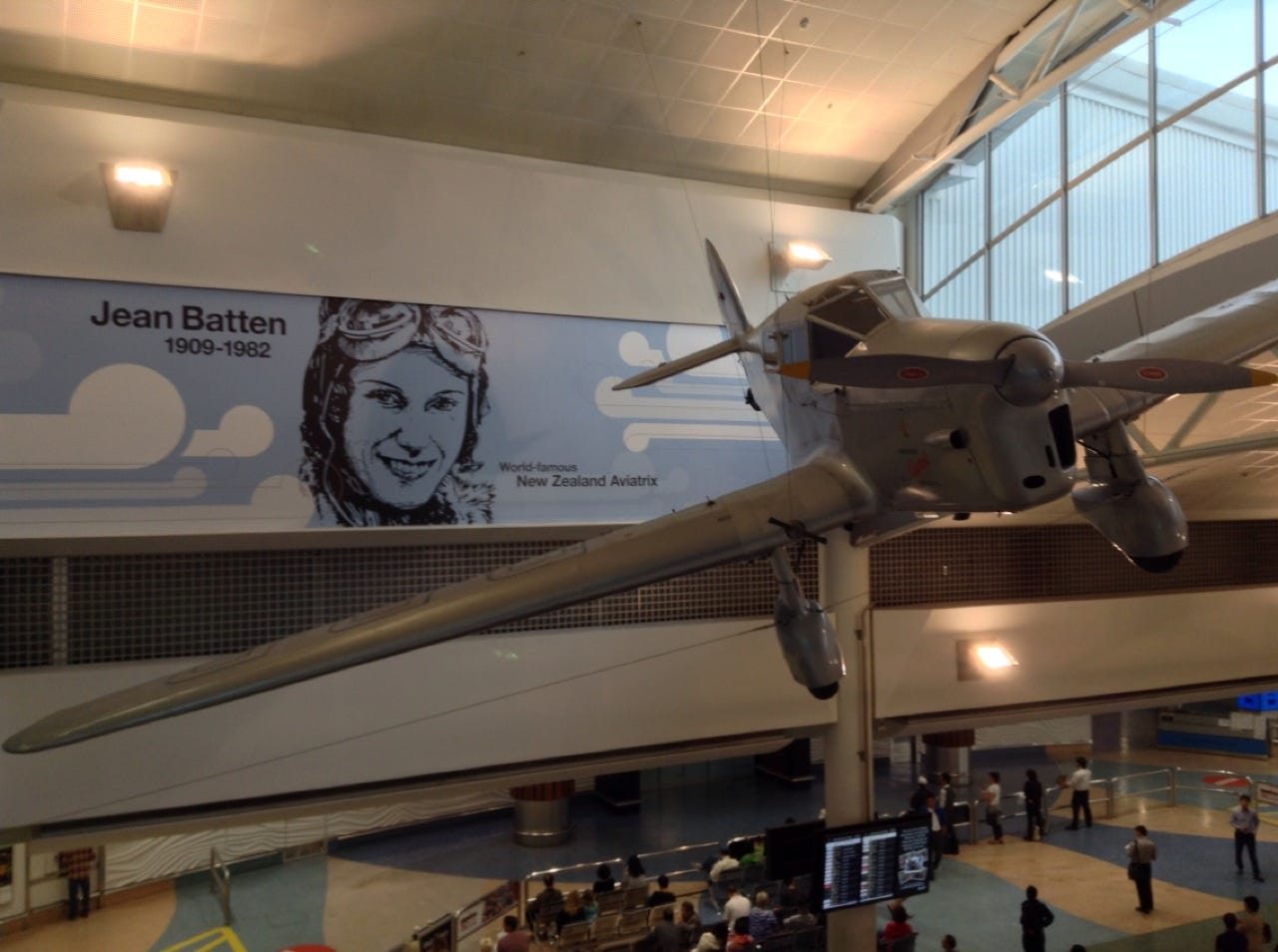 Jean Batten's plane, hung from the roof of Auckland airport