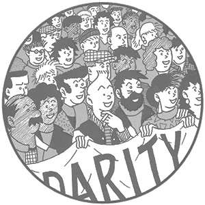 a black and white cartoon, depicting a crowd inside a black-outlined circle. in the centre, you can see the distinctive characters Tintin and Captain Haddock. they are surrounded by other figures drawn in a similar style. the top of a banner can be seen in the bottom of the circle, brief glimpses of the word ‘SOLIDARITY’