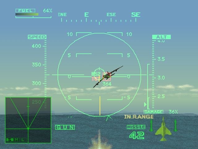 A screenshot of the cockpit view from Ace Combat 2. You can see how many missiles are left, how much damage your craft has taken, remaining fuel, which direction you're heading in on a compass, speed, altitude, a radar, and reticules for targeting your enemies.