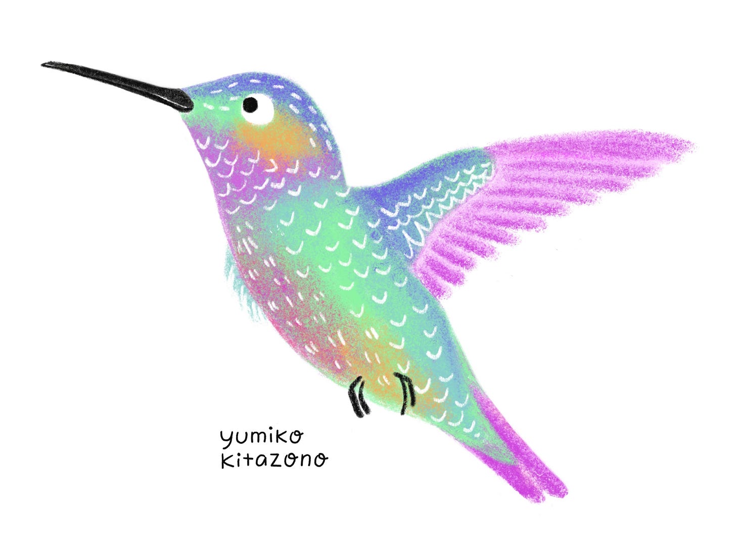 A digital illustration by Yumiko Kitazono. A multi-colored hummingbird is mid-flight, and you only see its left side. Its beak is long, black, and aimed upward. The bird's feathers are bright purply-pink, seafoam green, and periwinkle. It also has pops of orange.