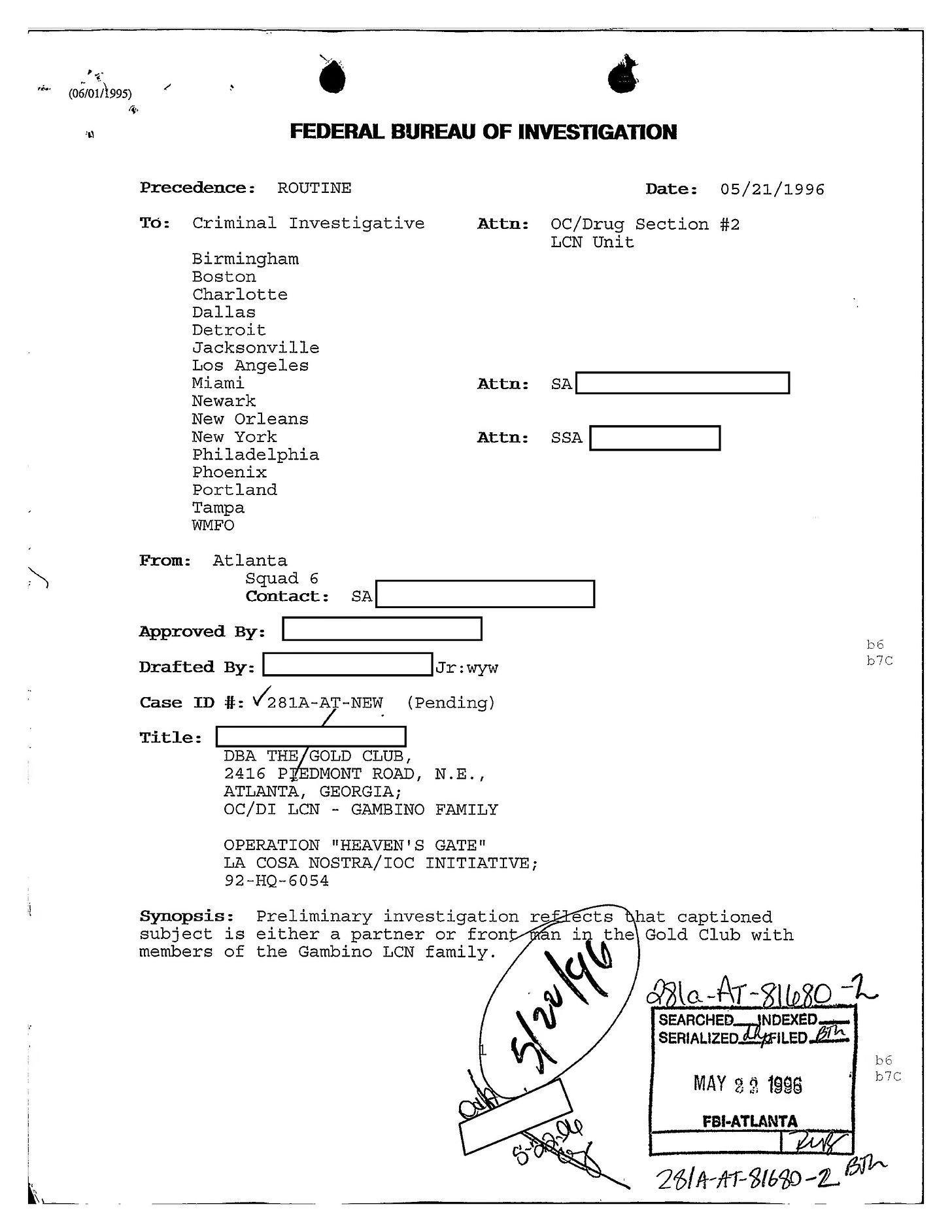 A document with a "FEDERAL BUREAU OF INVESTIGATION" header, dated "05/21/96," "From: Atlanta," which reads, at the bottom, "Synopsis: Preliminary investigation reflects that captioned subject is either a partner or front man in the Gold Club with members of the Gambino LCN [(La Cosa Nostra)] family."