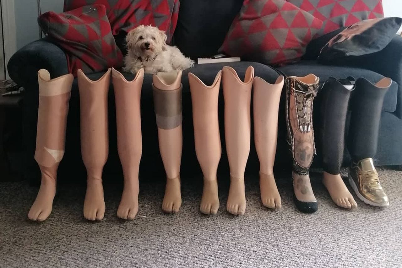 10 prosthetic legs, of varying sizes, colours and aesthetics, are standing up against a blue couch. On the couch sits Harry, my little white fluffy terrier. 