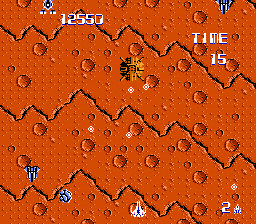 A screenshot from the Famicom version of Zanac. The level takes place over a rocky terrain, and all the information about the game state is at the top of the screen, not contained within a box, but overlayed with the game's background.