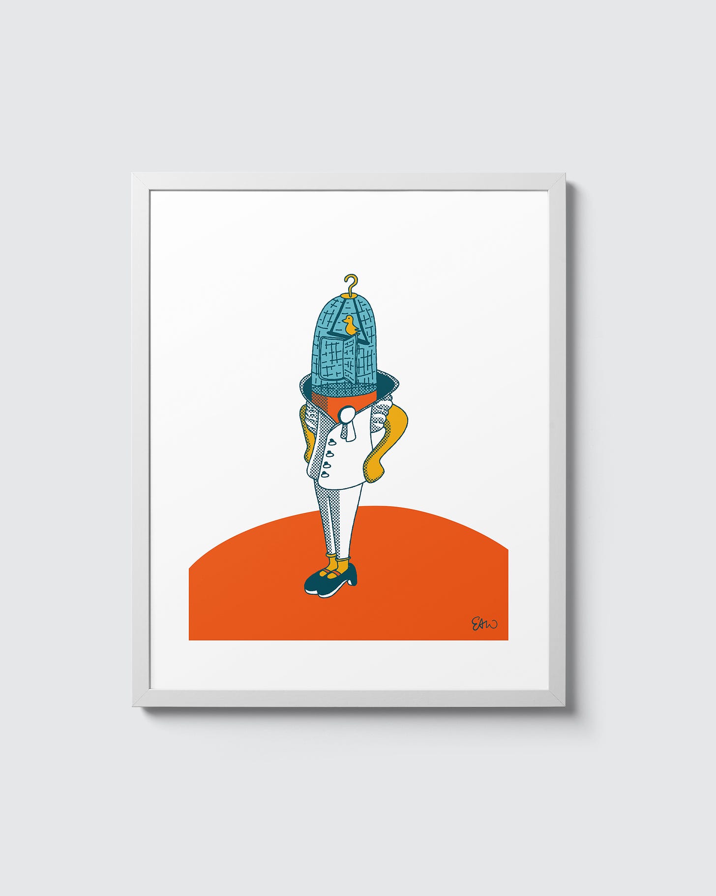 Vector illustration of a human figure with a bird cage instead of a head. The character’s pose is upright and confident, with hands on the hips. The drawing respects a limited palette of orange, teal, yellow and blue colours with halftones for shading.