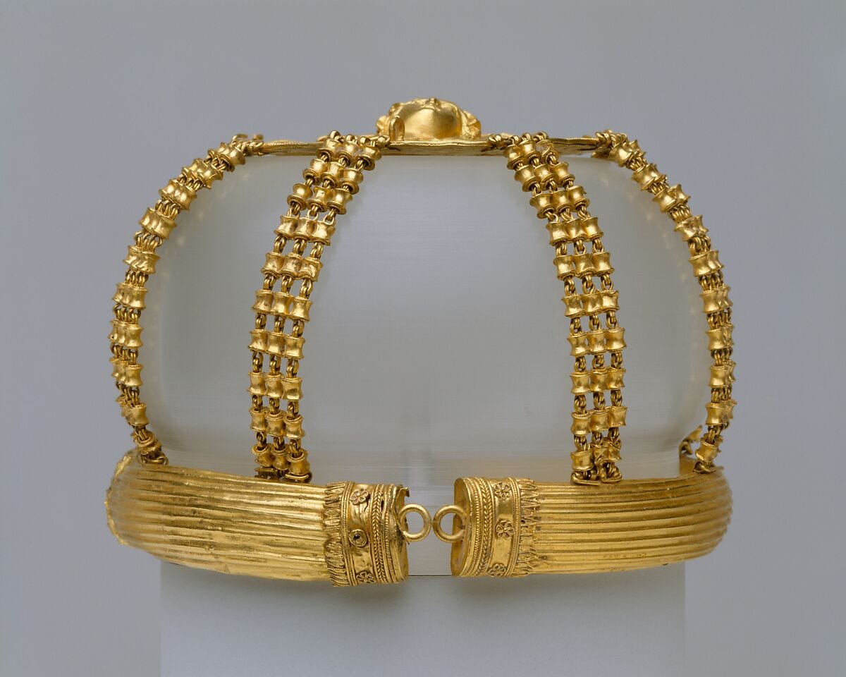 Gold openwork hairnet with medallion, Gold, Greek, Ptolemaic 