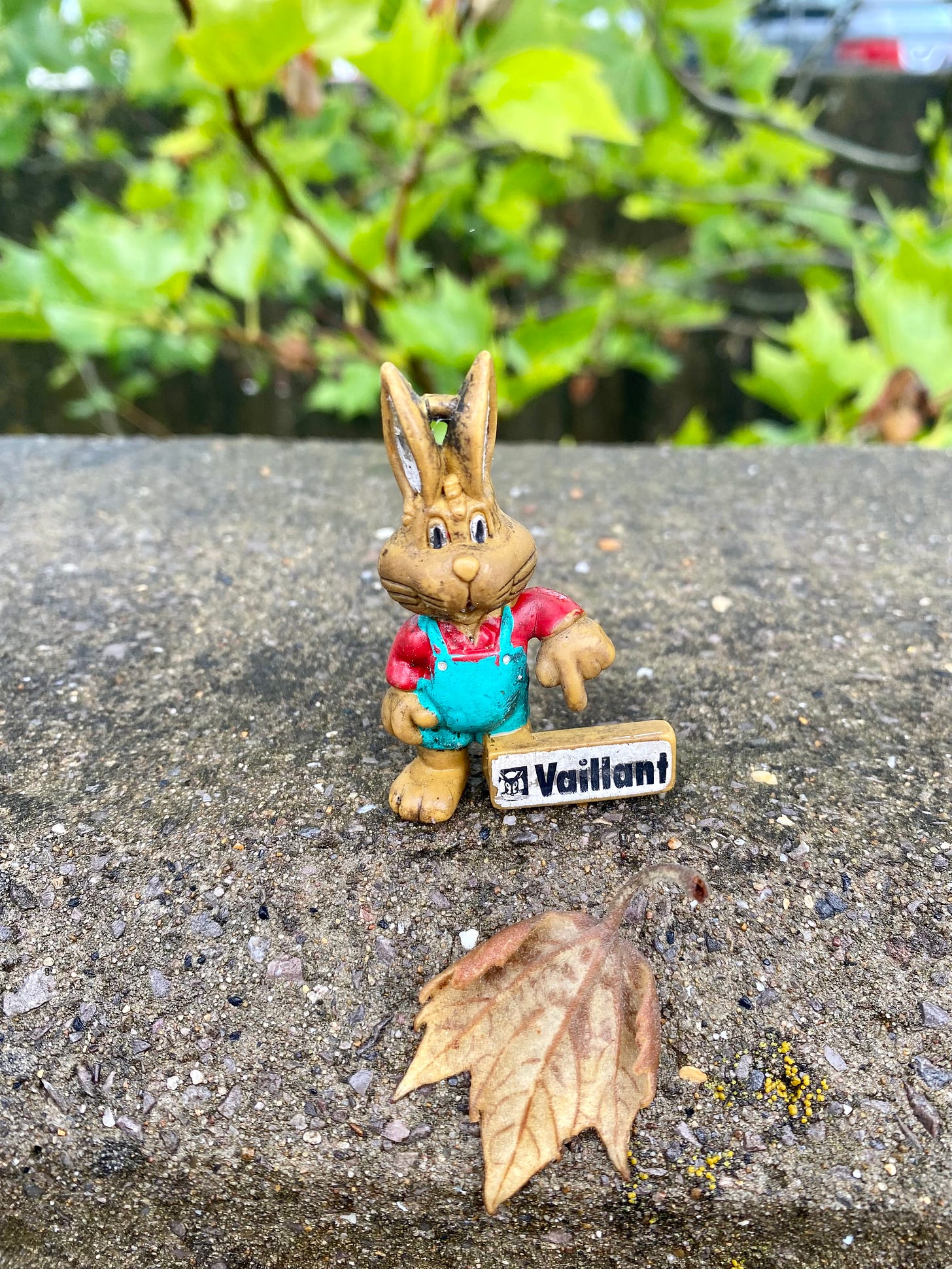 small plastic rabbit dressed as a boiler fitter, pointing to a sign which may read 'valiant'. Taken as a visual metaphor for being brave and keeping going this year. 