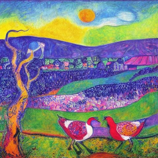 Generative image in a fauvist style of geese at twilight.