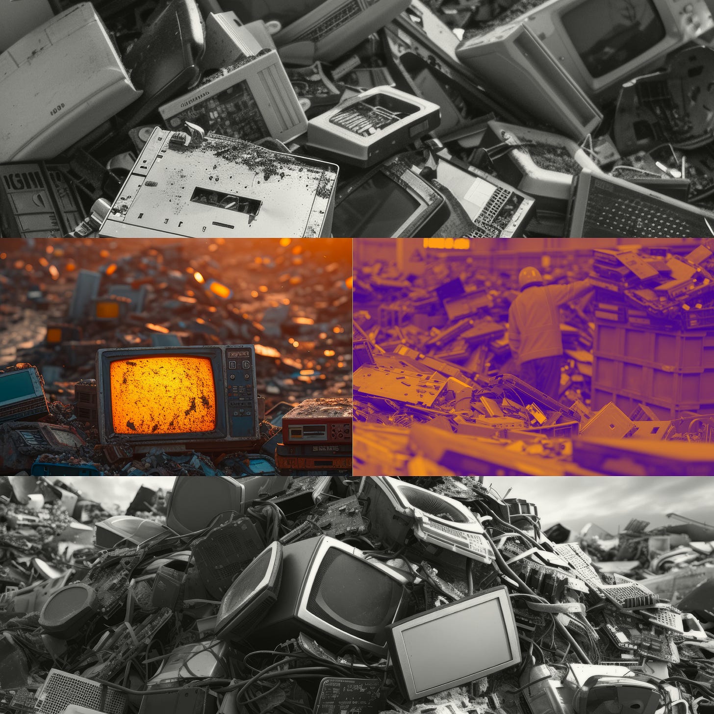 Photomontage of large quantities of electronics in recycling facilities