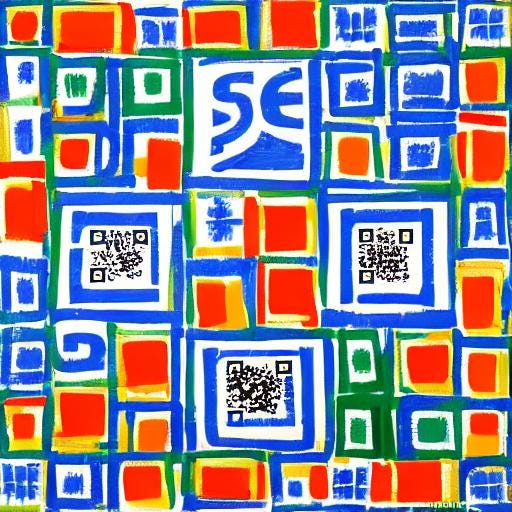Colorful AI generated image of a tiled wall with several QR codes embedded into its design