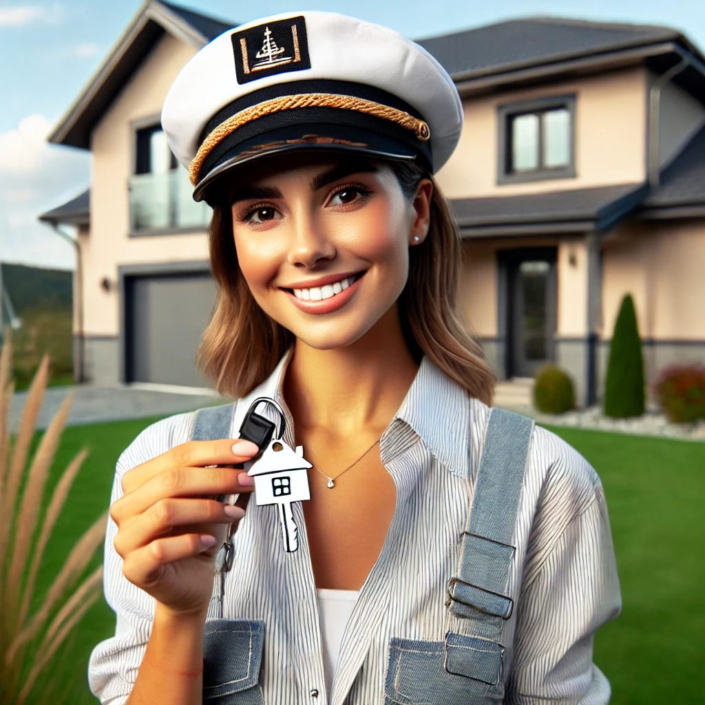 A yacht crew member, a young woman in casual nautical clothing, holding house keys in her hand while standing in front of a modern suburban home. The woman is smiling, looking excited about her new property. The background features a nice, well-kept house with a lawn and a sunny sky. The contrast between her life at sea and her new land-based investment is highlighted by the nautical clothing and the home in the background.