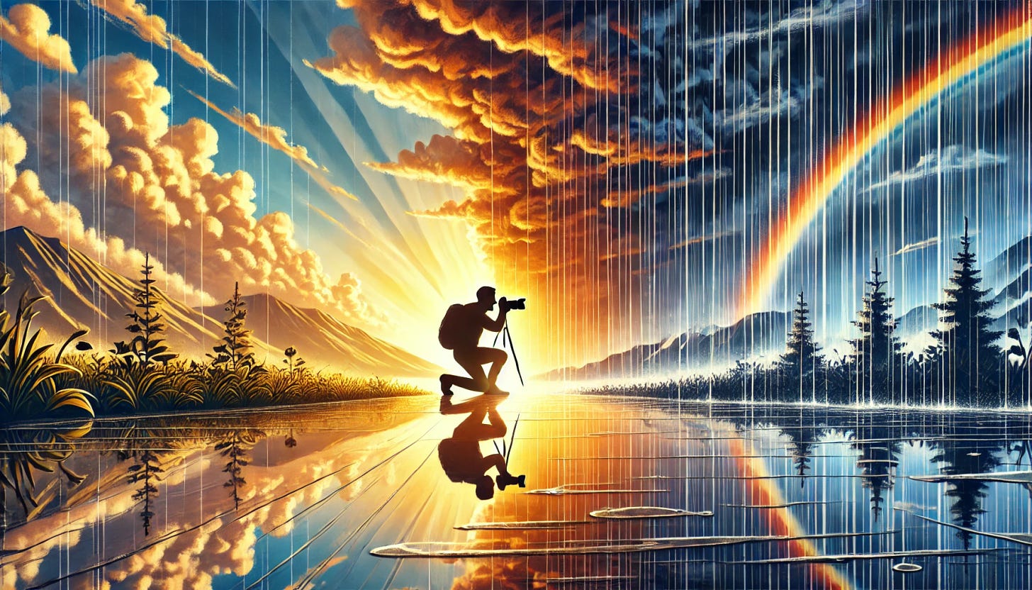 A wide panoramic illustration for a photography newsletter titled 'Embrace the Unexpected: The Secret to Unique Shots.' The artwork features a dramatic outdoor setting transitioning from a sunny golden-hour landscape to a stormy, rain-filled atmosphere. A silhouette of a photographer is centered, enthusiastically capturing the scene. The composition highlights dynamic weather, contrasting light, and vivid natural elements like a rainbow breaking through clouds and reflections on wet surfaces. The style is modern and artistic, with a focus on storytelling through visuals.