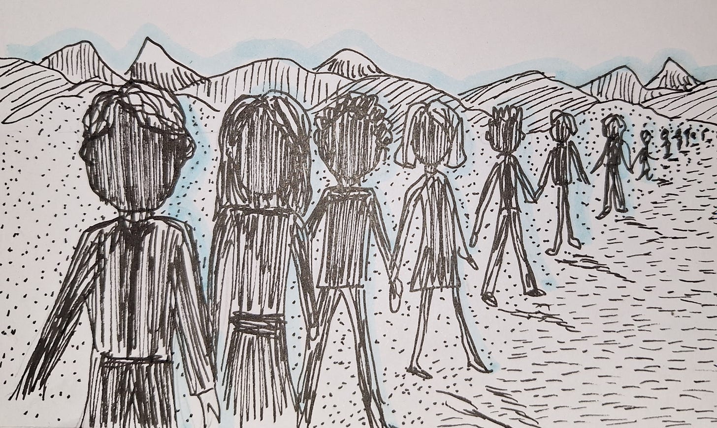 Pen and ink sketch of a variety of people in silhoutte, stretching into the distance.  Mountains beynd.  A sci-fi atmosphere.