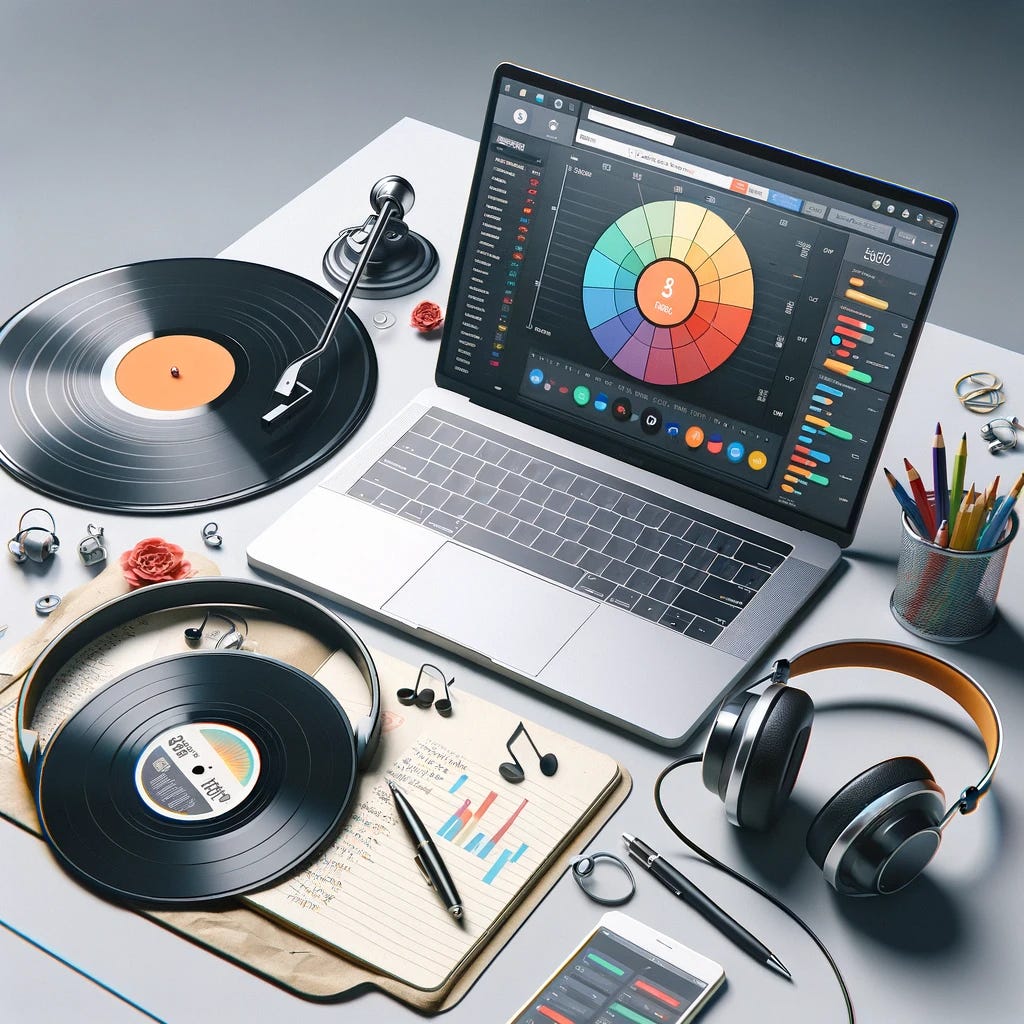 Visualize a sleek and minimalist photograph that showcases the harmony between music and marketing. Picture a crisp, clean workspace on a modern desk, where a classic vinyl record rests beside a cutting-edge laptop. The laptop screen displays a colorful marketing analytics dashboard, symbolizing the blend of artistic music and data-driven marketing strategies. Nearby, a pair of high-quality headphones lies next to a notepad filled with creative ideas and musical notes, illustrating the integration of musical inspiration into marketing plans. This image portrays the concept that the rhythms of music and the metrics of marketing can come together to create a harmonious and effective strategy.