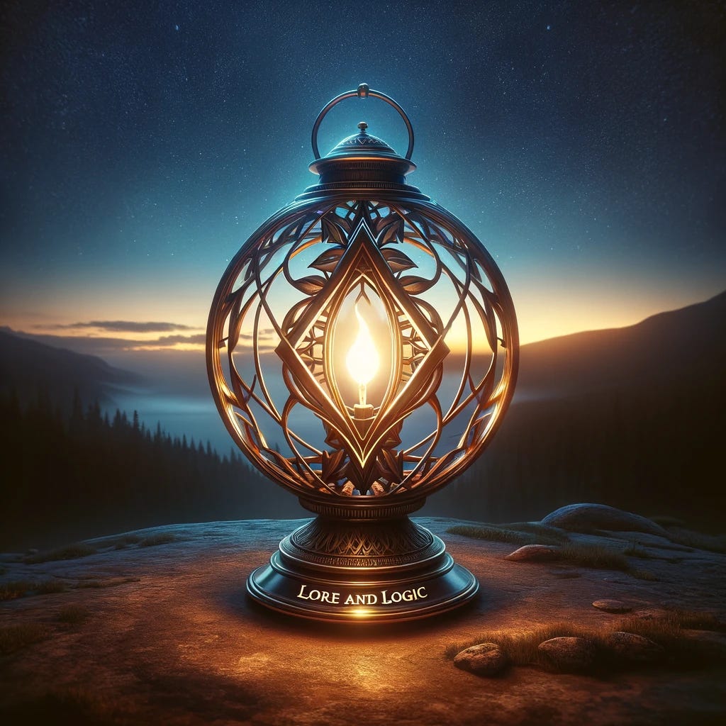 A visually inspiring image that embodies personal growth, featuring a glowing lantern in the center. The lantern is intricately designed, emitting a warm, inviting light. On the lantern, the words 'Lore and Logic' are clearly visible, symbolizing the blend of wisdom and rationality that fuels personal development. The background is a serene, natural landscape during twilight, enhancing the feeling of growth and enlightenment. The scene is calm yet powerful, inspiring the viewer to embark on their own journey of self-improvement.