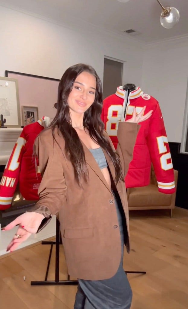 Kristin Juszczyk during the process of making her jackets for Brittany Mahomes and Taylor Swift.