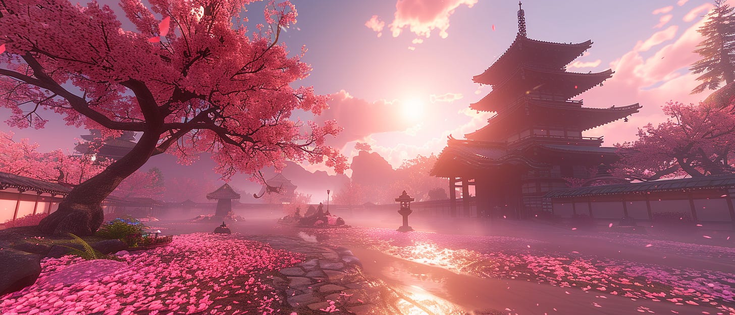 This is a serene digital artwork of a traditional Japanese scene during what appears to be cherry blossom season. The image is suffused with a soft, warm light that suggests either sunrise or sunset. A large, vibrant cherry blossom tree dominates the foreground on the left, its pink petals scattering in the breeze. The petals are scattered across the stone path leading through the scene and floating on the surface of a calm pond. Traditional Japanese architecture, including a multi-tiered pagoda and covered walkways, stands gracefully in the midground. The background features silhouettes of mountains against a sky with hues of pink and purple, which adds to the magical ambiance of the setting. There is a sense of peacefulness and the transient beauty of nature that is often celebrated in Japanese culture.