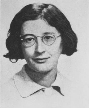 A black & white photograph of a young Simone Weil