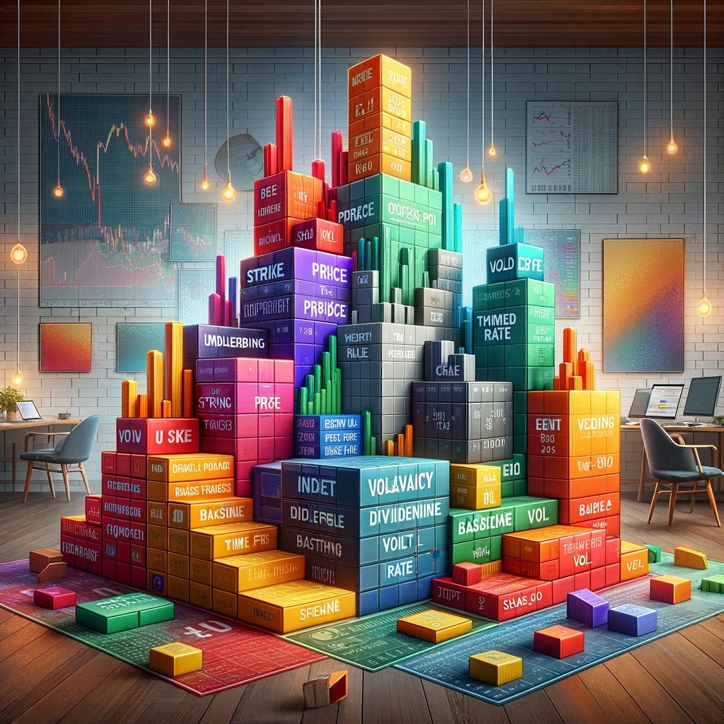 An enhanced educational image depicting the implied volatility pricing model with additional elements. The scene includes colorful blocks or bricks, each labeled with components of the model such as 'Underlying Price', 'Strike Price', 'Time to Expiration', 'Risk-Free Rate', 'Dividend Yield', 'Baseline', 'Event Vol', and 'Skew'. These blocks are stacked in a visually appealing way, symbolizing the intricate composition of the model. The background features a financial office setting with subtle elements like graphs and financial charts. The image is designed to be both professional and captivating, ideal for a blog on options volatility and pricing.