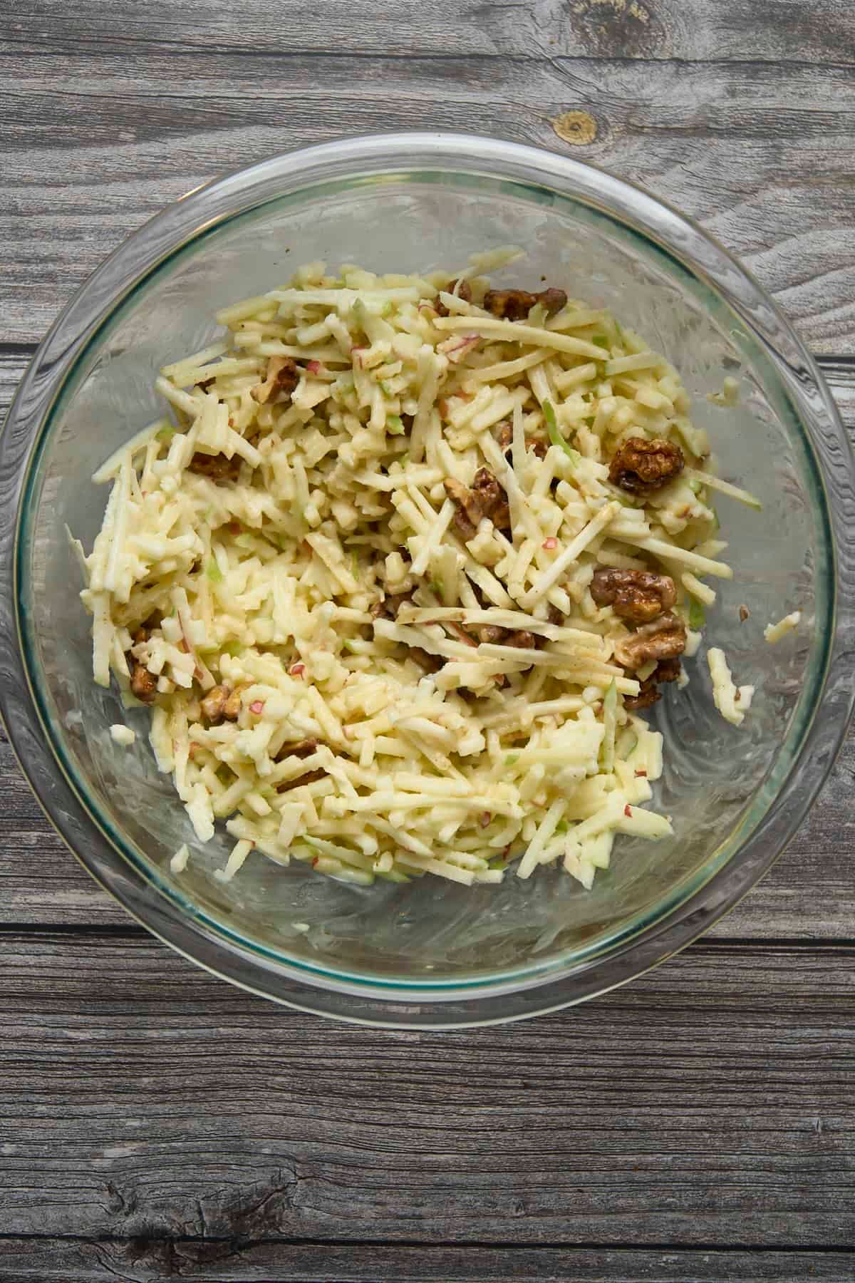 a large bowl of freshly mixed vegan Waldorf salad