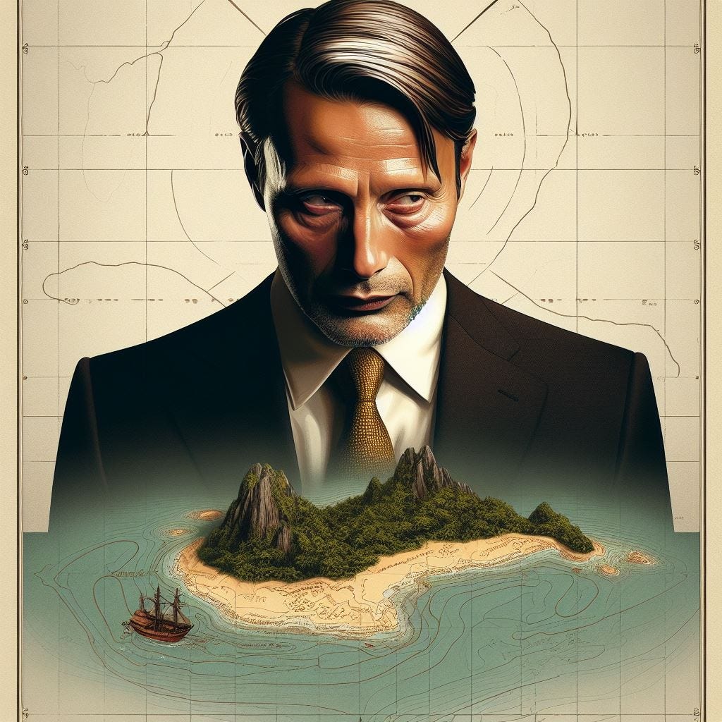 “Promotional Poster for a TV show. Mads Mikkelsen looking over an undetailed, simplified map of a tropical island. He has an expensive suit and an evil expression as he surveys his plans. The title reads ‘LOST: The Other Generation’”