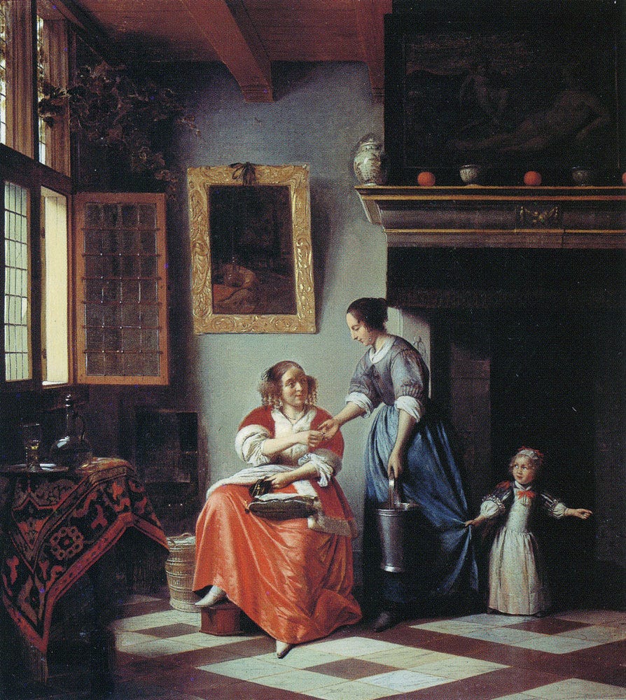 Seventeenth century painting of a wealthy woman giving her maid money while a little girl tugs on the maid's skirt