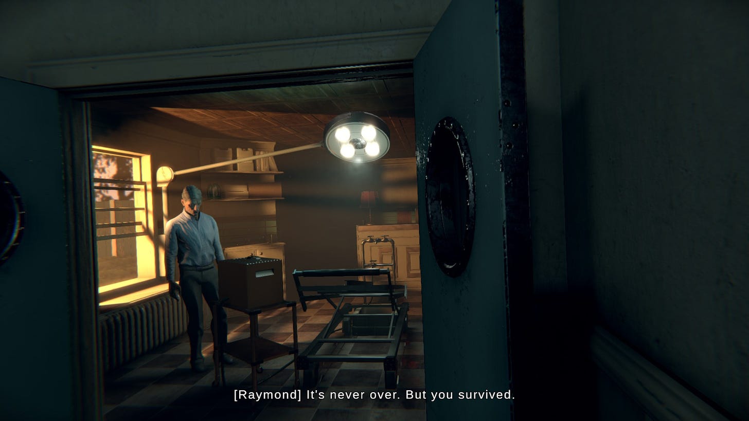 A screenshot from the end sequence of the game, where Raymond Delver, your boss, stands almost sadly in the main embalming room of the funeral home. Morning light is streaming through the windows. He's saying: "it's never over. But you survived."