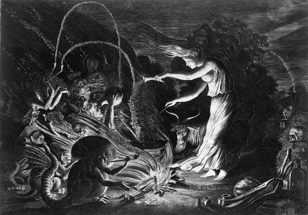 "A witch at her cauldron surrounded by beasts." Etching by J. van de Velde II, 1626.