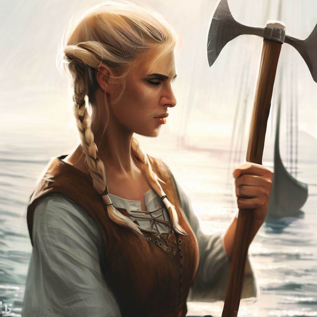 blonde viking woman, hair tied back, holding axe, 30 years old, determined look, coast, sailboat, medieval, fantasy painting