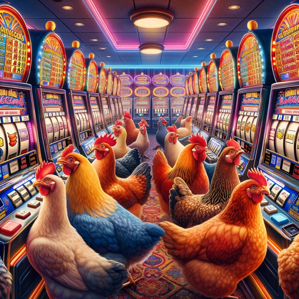 A humorous and vibrant image of a group of chickens playing slot machines. The setting is a lively casino floor filled with rows of colorful slot machines. The chickens, each with distinct feather patterns and colors, are standing in front of the slot machines, pulling the levers with their beaks or wings. The slot machines have bright lights and displays, creating an energetic and fun atmosphere. The chickens look excited and curious, some watching the spinning reels with anticipation. The scene is playful and whimsical, depicting the amusing idea of chickens trying their luck at the slot machines.