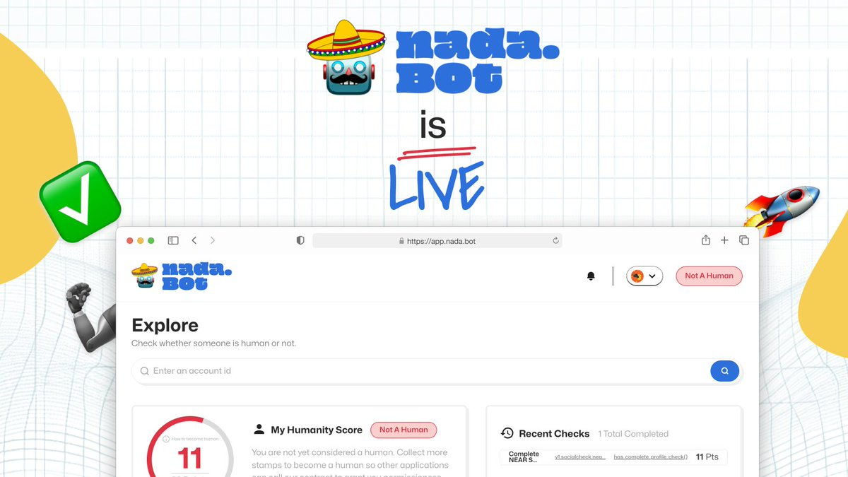
1) Go to app.nada.bot and login -> then stamp and complete verification on  3rd party provider app
2) Come back to app and verify stamp completion on nadabot contract to get points
3) Repeat stamp verification until you get enough points to be considered “not a bot”

Stamps available include @0xholonym ZK proofs for ID and phone number, I-Am-Human (face verification), number of contracts connected, Farcaster, Lens, whether you have completed filling out your NEAR Social/ #BOS profile, and the age of your account. 👀 More to come.
