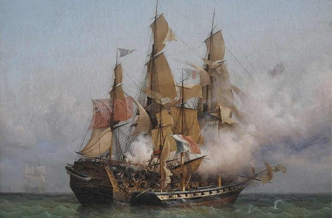 East Indiaman Kent battling Confiance, a privateer vessel commanded by French corsair Robert Surcouf in October 1800 by Ambroise Louis Garneray. (Public Domain)