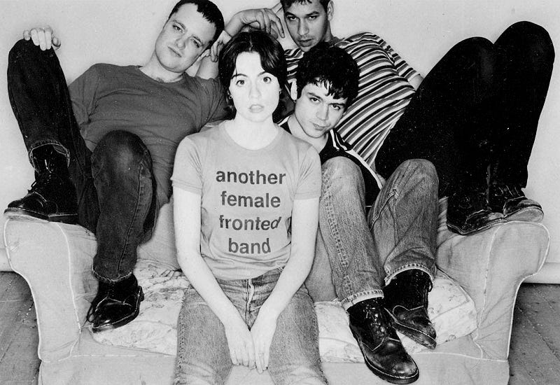 Britpop band Sleeper wearing t-shirt with another female-fronted band. Contemporaries of Oasis and Blur