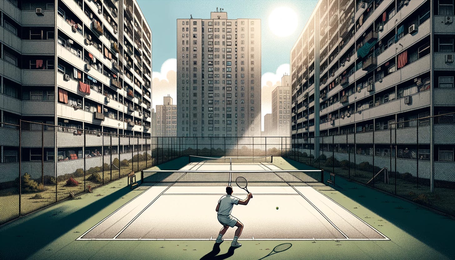 Illustration of a sunlit tennis court that shows signs of neglect, with a backdrop of tall public housing buildings. A man in his early 40s, of Mediterranean descent, is in the midst of a backhand swing. The net sags slightly, and the court's lines are faded. The surrounding buildings, made of brick and concrete, loom over the court, casting shadows. Some windows have curtains drawn, while others are open, revealing glimpses of domestic life.