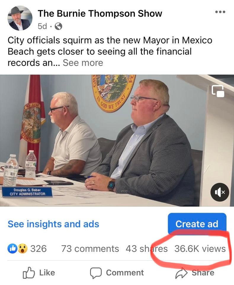 May be an image of 3 people and text that says 'The Burnie Thompson Show 5d City officials squirm as the new Mayor in Mexico Beach gets closer to seeing all the financial records an... See more GOD WE Douglas Baber CITY DMINIS TRATOR See insights and ads 326 Create ad 73 comments 43 sh ares Like 36.6K views Comment Share'