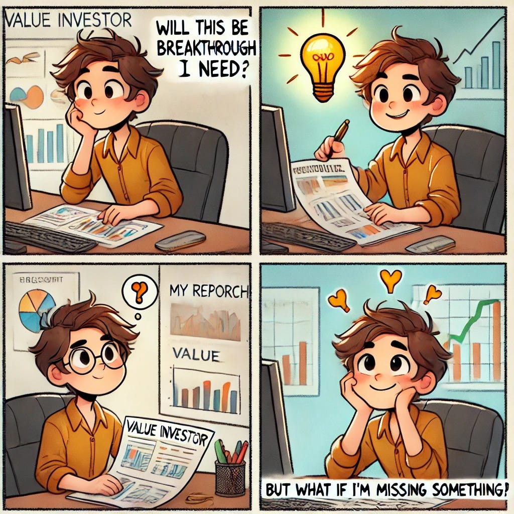 A comic strip depicting a value investor working in a cozy office. The first panel shows them at a desk with a thoughtful expression as they look at a report, thinking 'Will this be the breakthrough I need?' The second panel shows them with a smile and a lightbulb over their head, feeling excited and thinking 'I found it!' as they highlight the report. The third panel shows a moment of doubt as they scratch their head, with the thought 'But what if I'm missing something?' The last panel shows them confident and determined, with a focused expression and thinking 'I trust my research. Let's do this!' The comic should have a warm and uplifting tone, with expressive facial reactions to reflect the investor's emotions throughout.