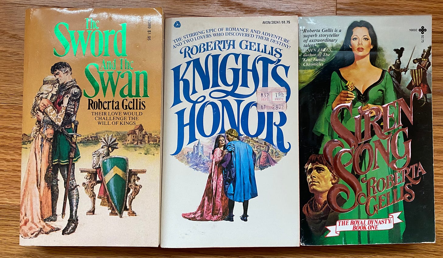 Photo of 3 Roberta Gellis historical romance novels set in medieval times.
