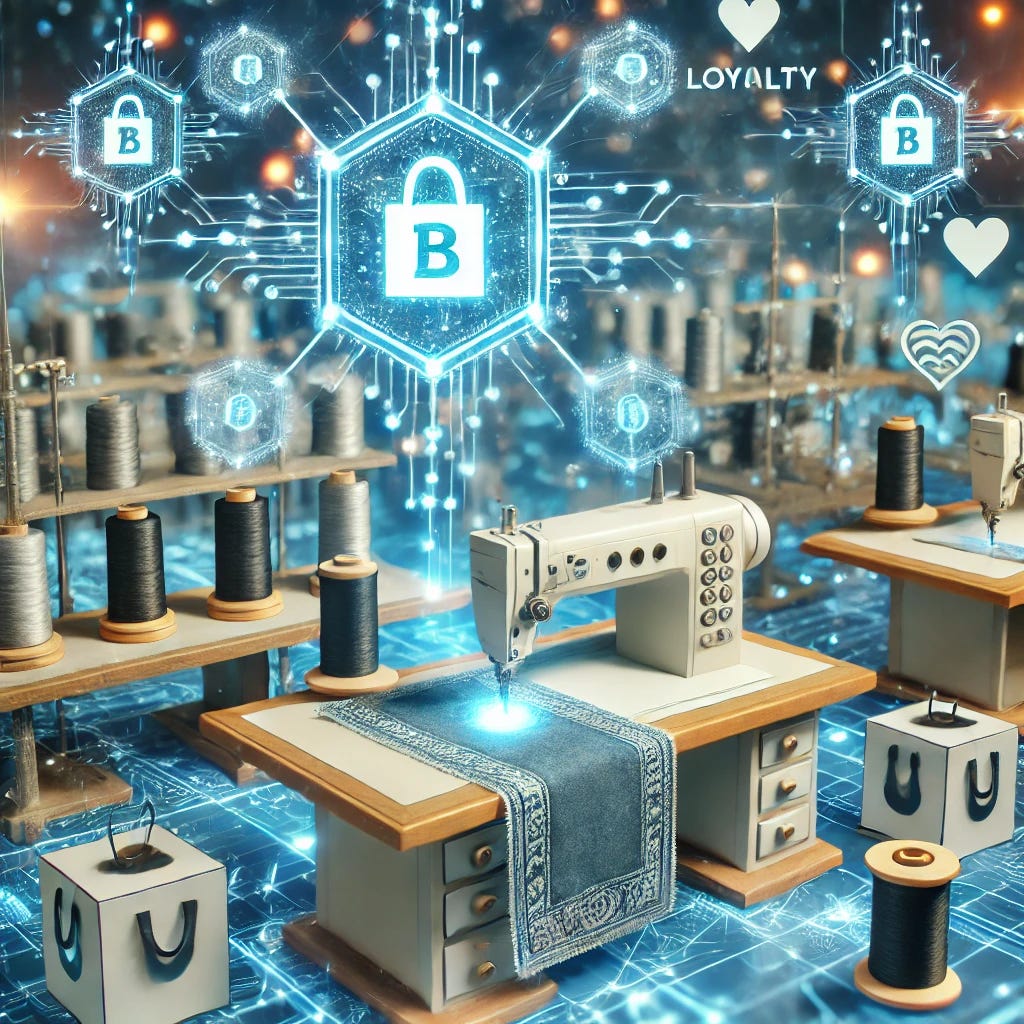A digital representation of the textile industry adopting blockchain technology. Show a modern textile factory with sewing machines and fabric rolls, interconnected by glowing blockchain nodes and digital data streams. Include customer loyalty symbols like hearts and shopping bags in the background. High-tech, futuristic vibe with blue and white tones.