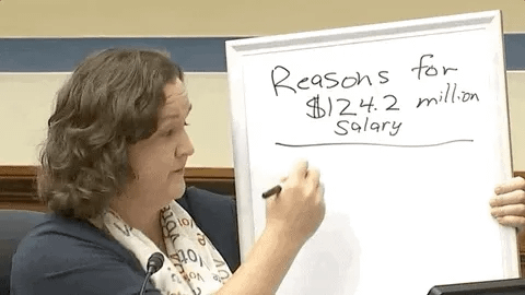 An animated image of CA Representative Katie Porter holding up a white board, the board reads: Reasons for 124.4 Million is Salary?", Katie underlines the words and writes 4 questions marks before turning to the camera. 