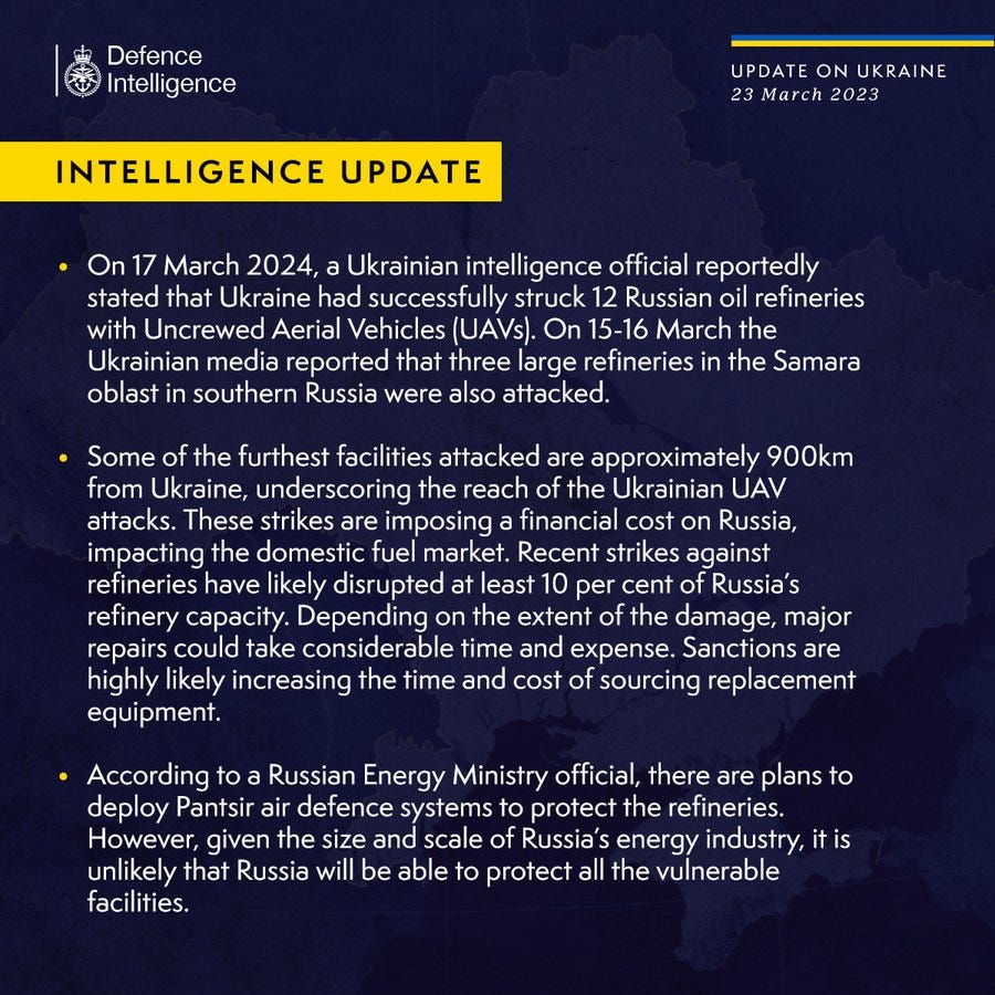 On 17 March 2024, a Ukrainian intelligence official reportedly stated that Ukraine had successfully struck 12 Russian oil refineries with Uncrewed Aerial Vehicles. On 15-16 March the Ukrainian media reported that three large refineries in the Samara oblast were also attacked. Some of the furthest facilities attacked are approximately 900km from Ukraine. These strikes are imposing a financial cost on Russia, impacting the domestic fuel market. Recent strikes against refineries have likely disrupted at least 10 per cent of Russia’s refinery capacity. Major repairs could take considerable time and expense. Sanctions are highly likely increasing the time and cost of sourcing replacement equipment.
According to a Russian Energy Ministry official, there are plans to deploy Pantsir air defence systems to protect the refineries. However, given the size and scale of Russia’s energy industry, it is unlikely that Russia will be able to protect all the vulnerable facilities.