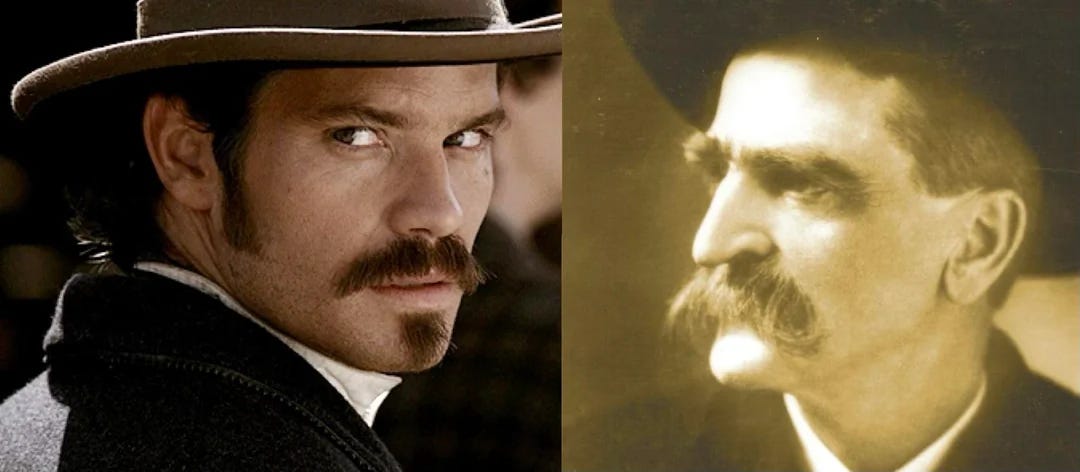 This diptych shows Seth Bullock as played by Timothy Olyphant in the television series Deadwood (left) and the real Seth Bullock as photographed during his time as Deadwood's sheriff (right).