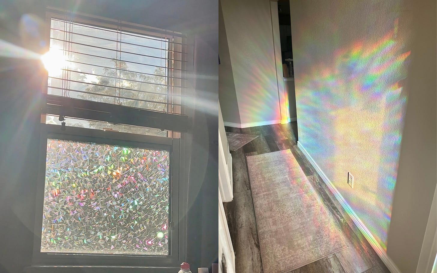 Two photos side by side where the first photo depicts a clear stained glass-like window film that looks rainbowy and the second depicts rainbows of light displayed on a wall and floor