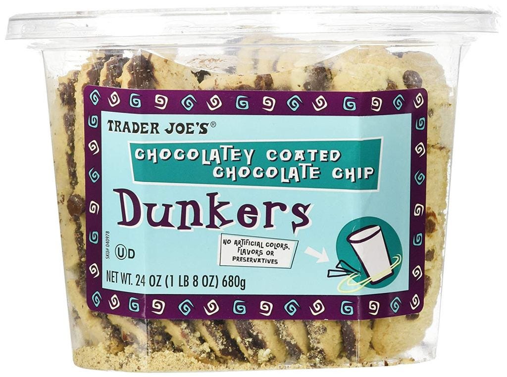 chocolate coated chocolate chip dunkers from trader joe's.