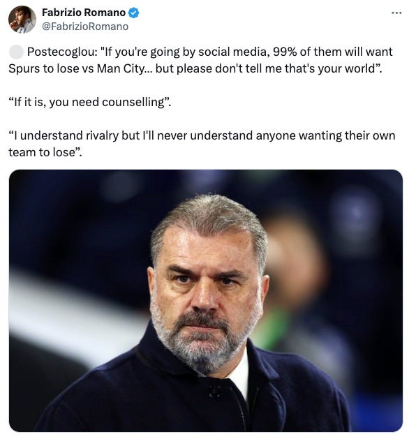 A Fabrizio Romano tweet featuring quotes from Ange Postecoglou