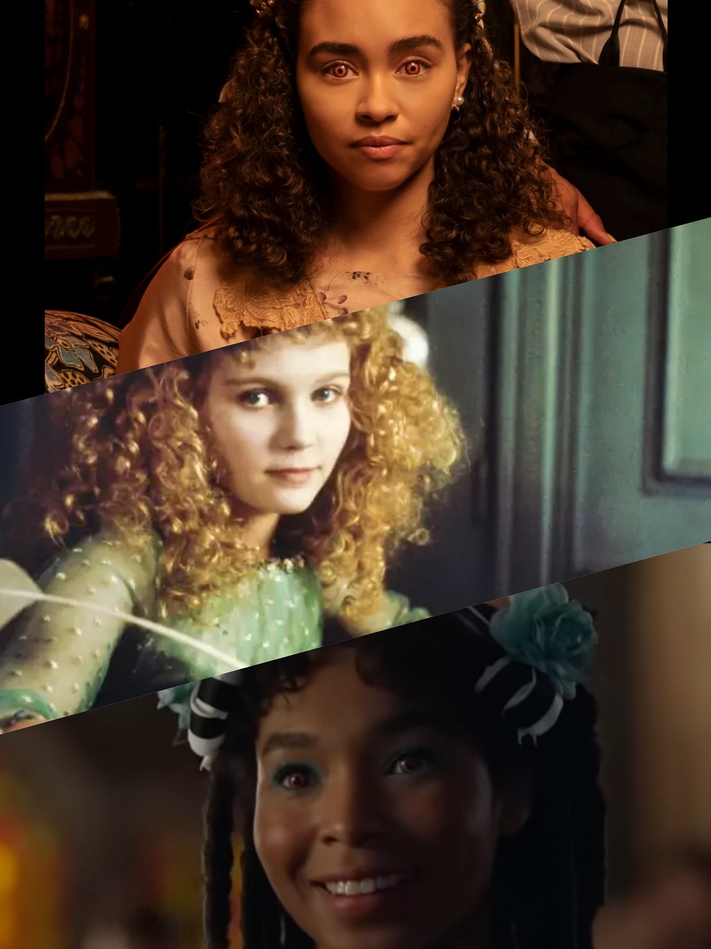 Mucho talento: las tres versiones de Claudia. Arriba, Claudia en la primera temporada de la serie (chica joven afroameticana con un vestido de época rosa pálido). En medio, película (una niña rubia con un vestido casi principesco de un verde pálido) Abajo, segunda temporada de la serie (joven afroamericana de rasgos algo más maduros aunque más redondeados con un maquillaje y arreglo de pelo que la infantilizan de forma genuinamente perturbadora)