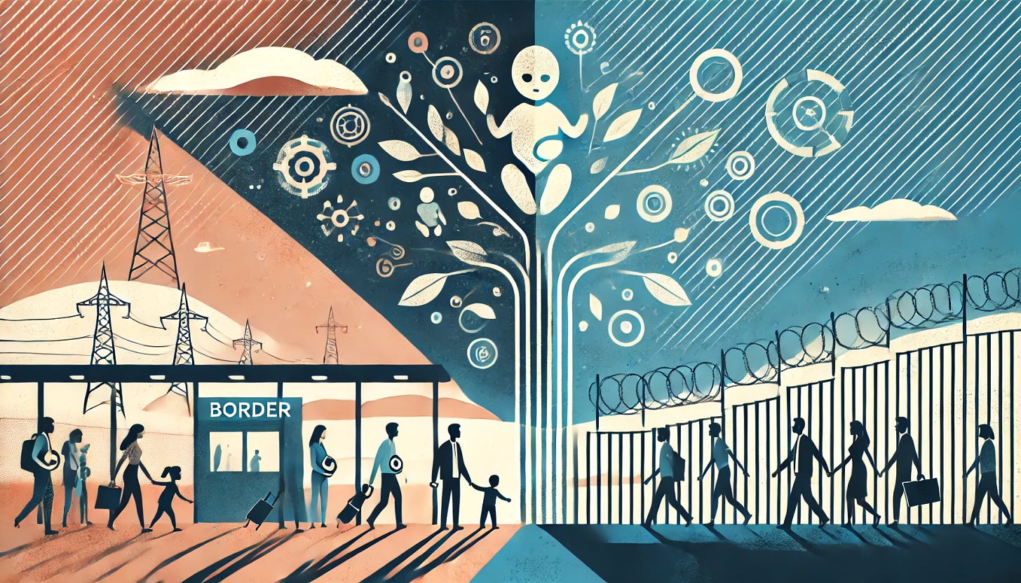 A modern, eye-catching header image for a blog post focusing on immigration and fertility, without any text. The image should blend themes of immigration and fertility, symbolizing growth and diversity. Show a stylized border crossing with diverse families entering, representing hope and opportunity. In the background, include abstract representations of growing populations, such as tree branches or plants sprouting, to hint at fertility. The design should be clean, professional, and inviting, with a focus on optimism and positive change. No text should be present in the image.