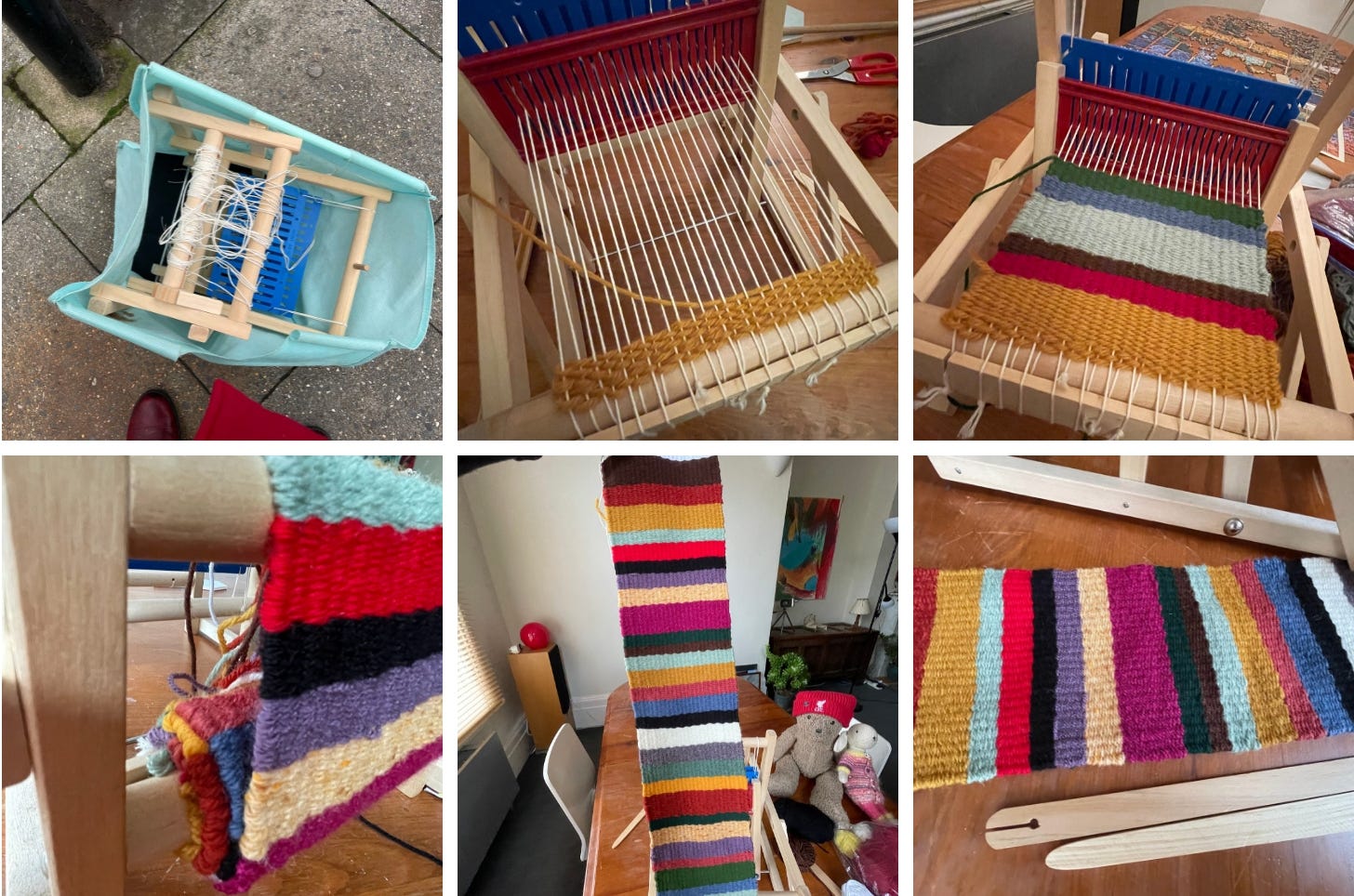 loom in trash and then being used to weave a striped textile