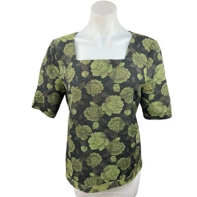 Vintage Yargici Black Green Floral Square Neck Short Sleeve Blouse Top Size L - Picture 1 of 5
