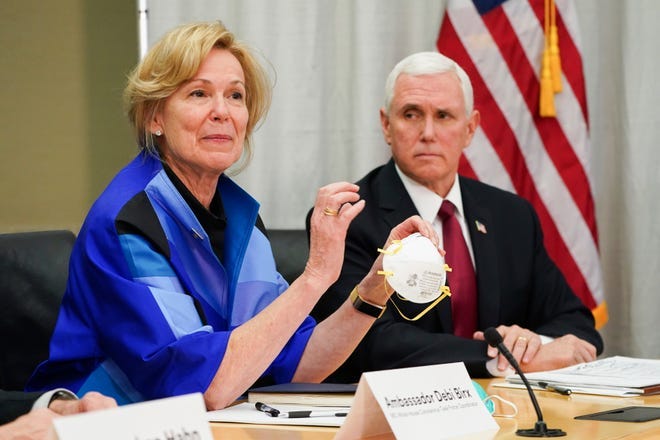 Dr. Deborah Birx and Vice President Mike Pence meet with 3M leaders in Maplewood, Minnesota, on March 5, 2020, about masks and personal protective equipment.