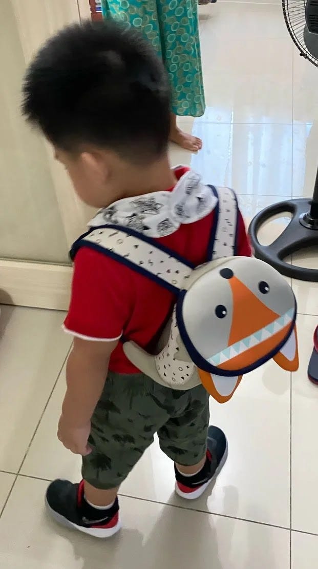 School boy with backpack getting ready for his classes